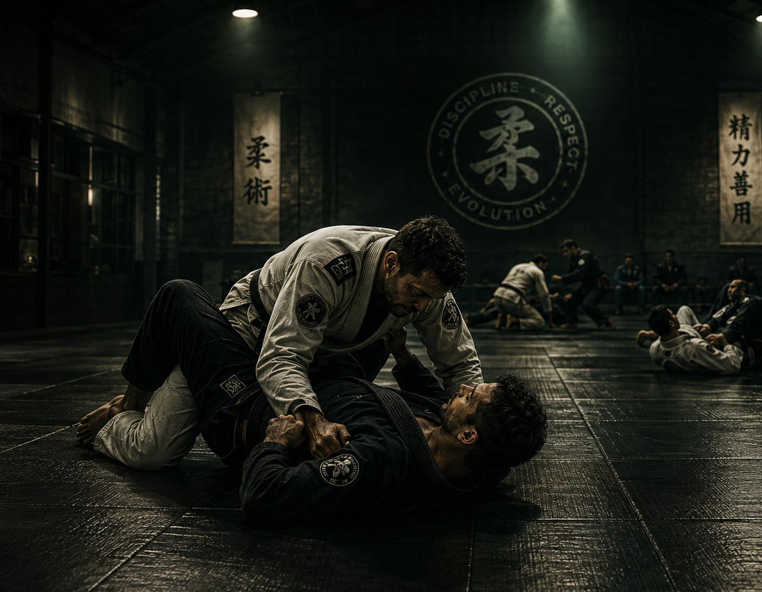 Combattants de Jiu-Jitsu en sparring dans un dojo